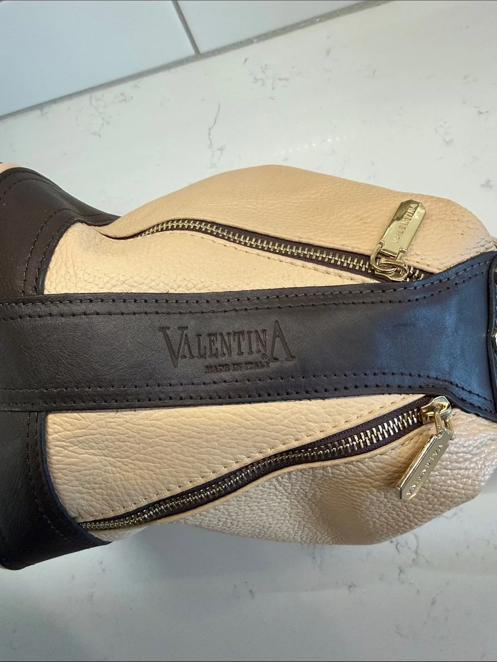Valentina  Beige and Dark Brown Leather Mini Backpack / Bag